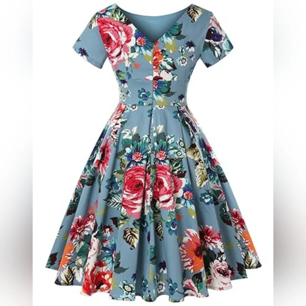 Mint Limit 1950s Retro Rockabilly Short Sleeve Blue Floral Flare Dress Sze Small - Picture 4 of 12